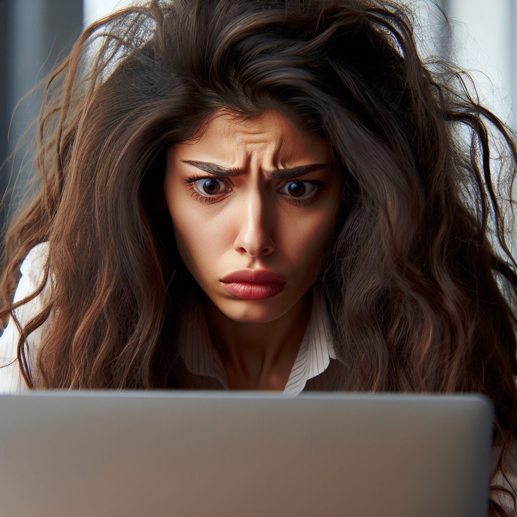 Woman reading her email looking stressed and overwhelmed